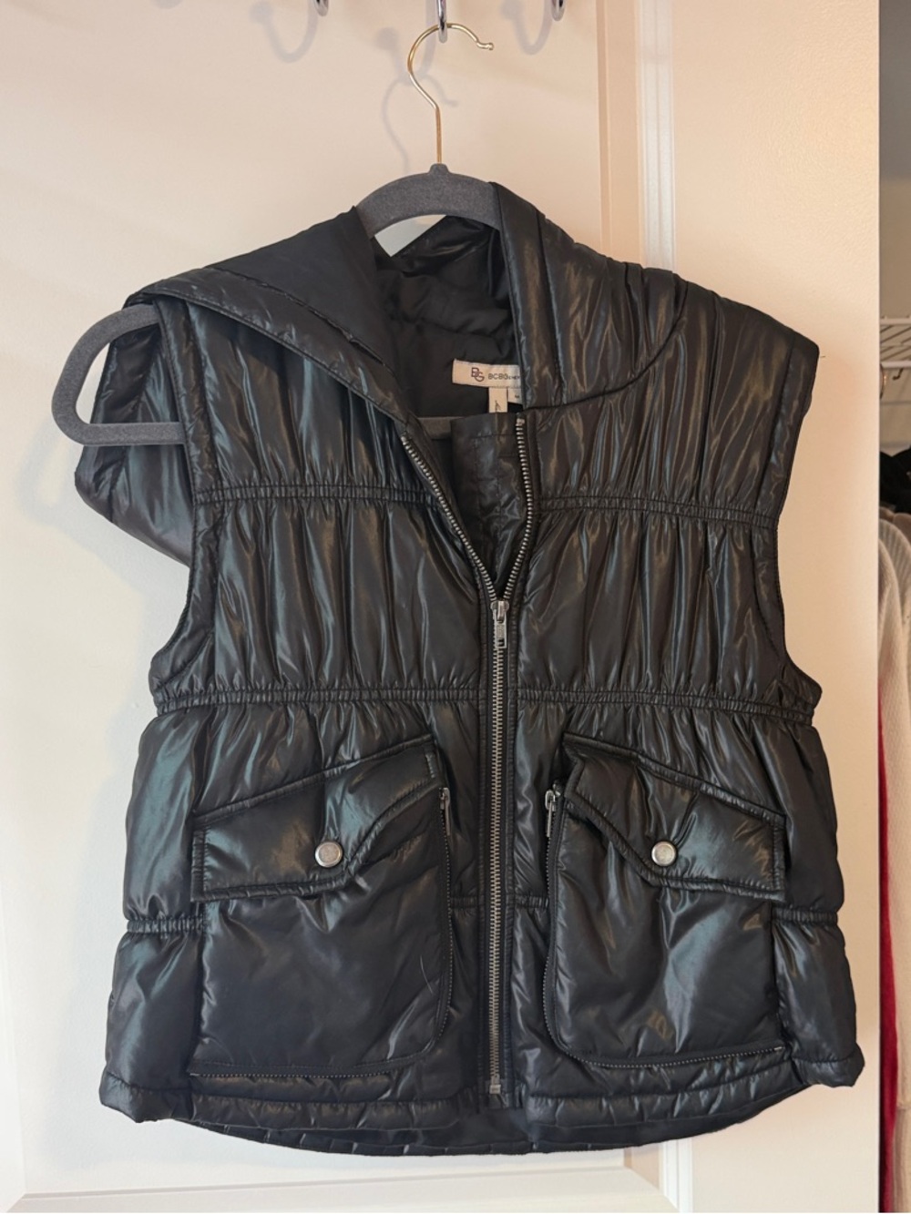 BCBGeneration Black Quilted Sleeveless Puffer Vest with Hood
